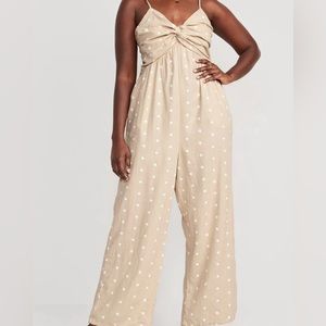 Old Navy, Tie-Shoulder Cropped Twist-Front Smocked Jumpsuit, beige, white dots.